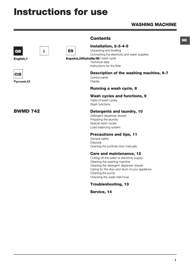 Image de la première page du manuel de l'appareil BWMD 742 (EU)