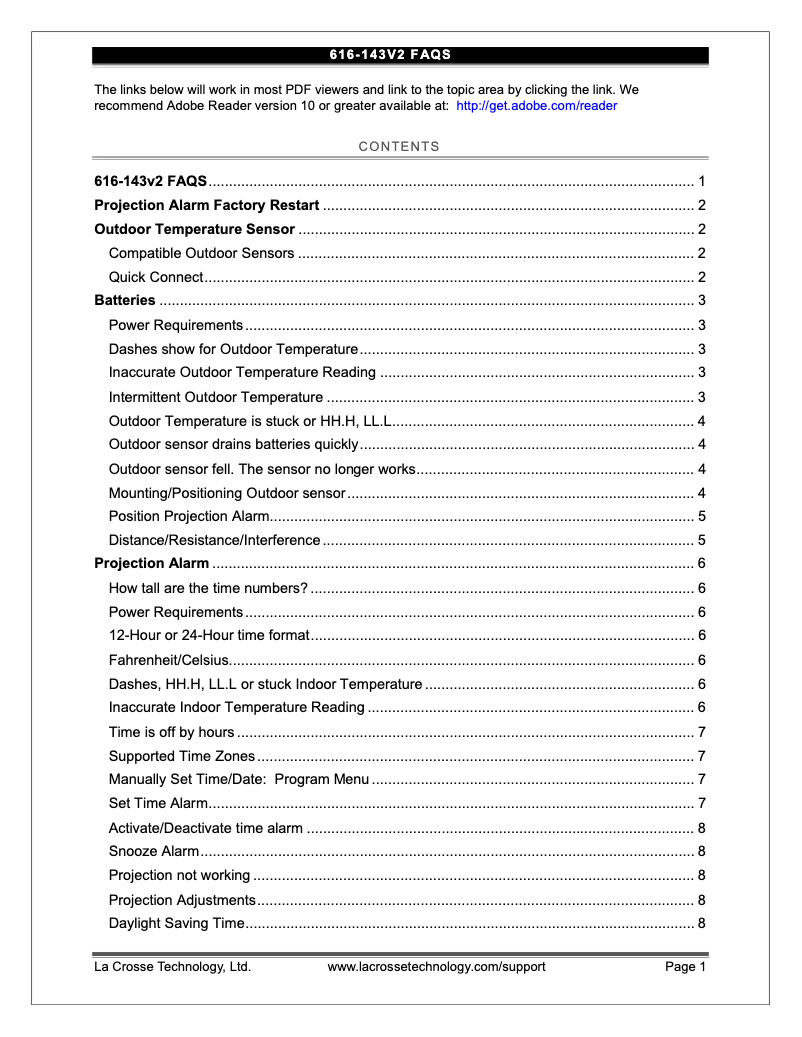 Page 1 de la notice FAQ La Crosse Technology 616-143V2