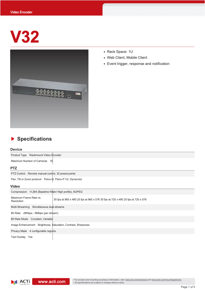Page n°1 - Fiche technique ACTi V32