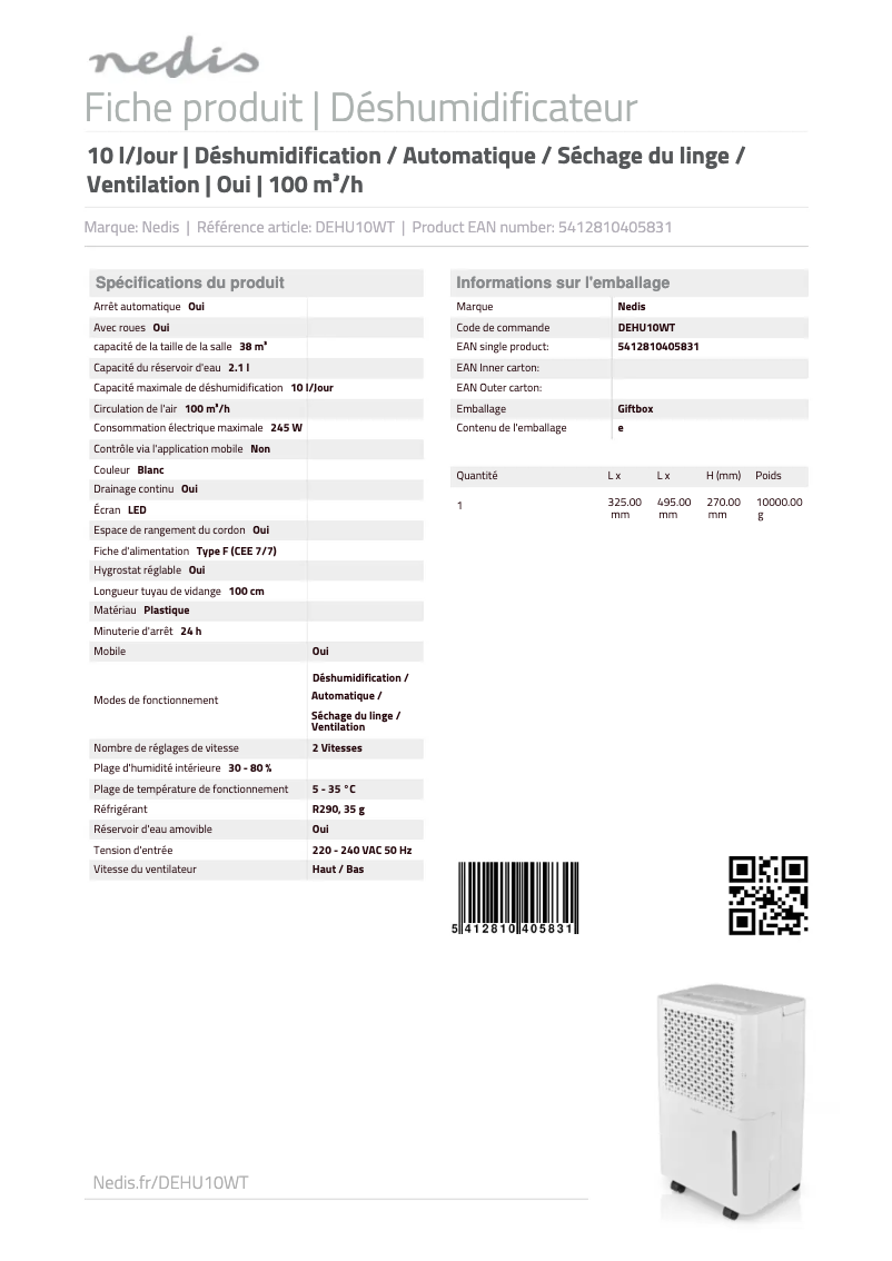 Page 1 de la notice Fiche technique Nedis DEHU10WT