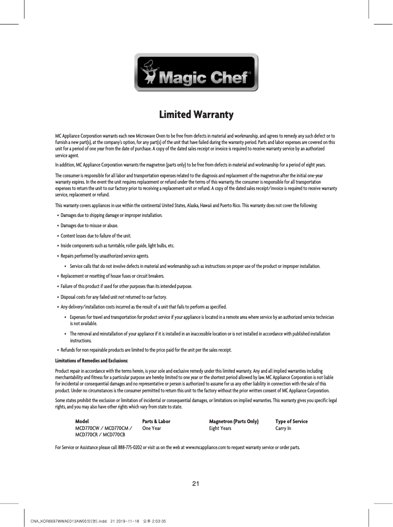 Page n°1 - Informations de garantie Magic Chef MCD770CW
