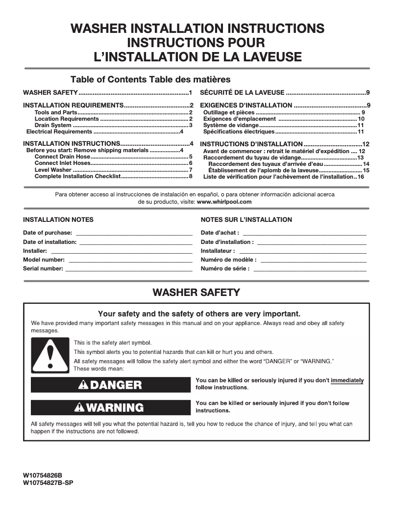 Page 1 de la notice Guide d'installation Maytag MVWB965HW