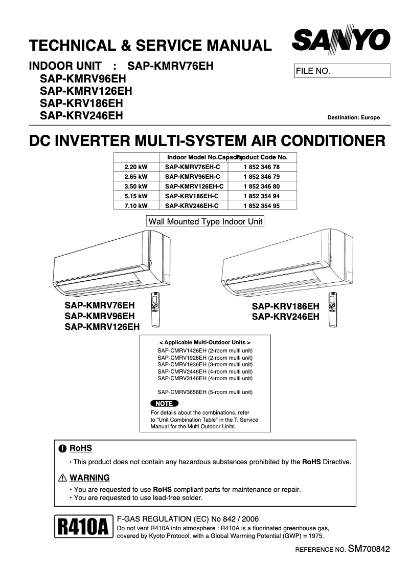 Page 1 de la notice Manuel utilisateur Sanyo SAP-KMRV126EH