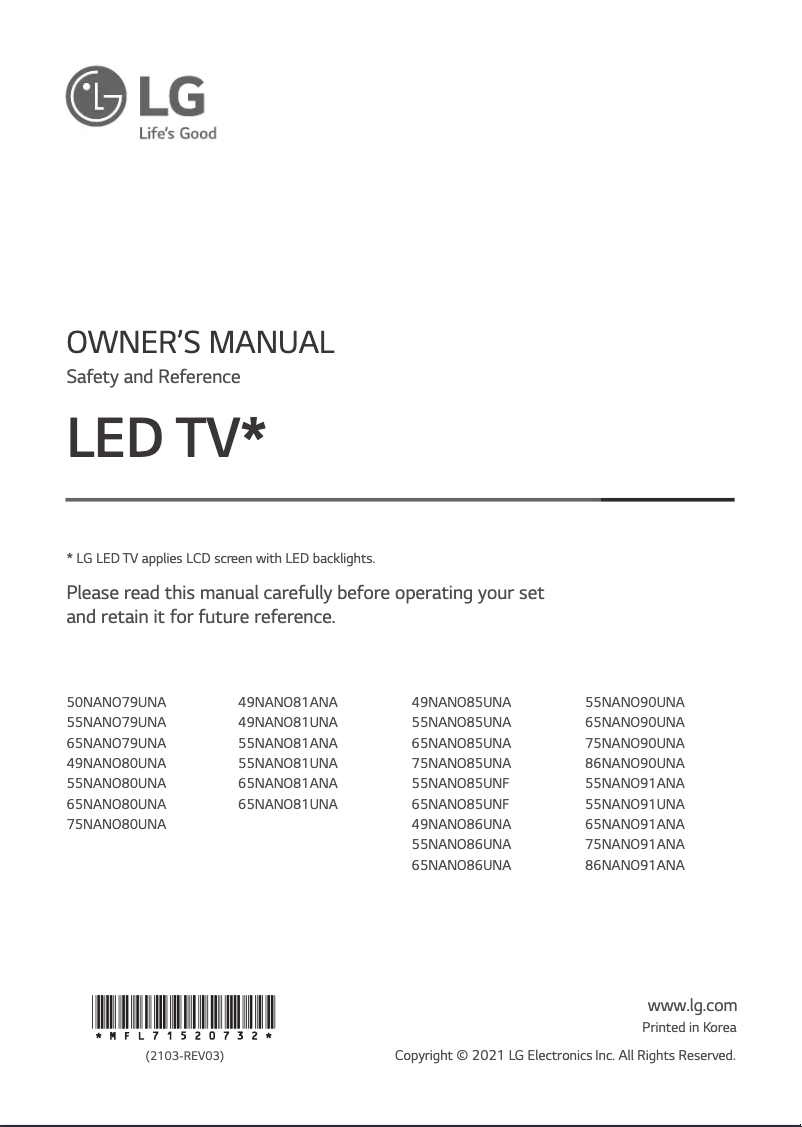 Page 1 de la notice Manuel utilisateur LG NanoCell NANO81