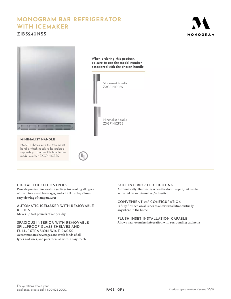 Page 1 de la notice Fiche technique Monogram ZIBS240NSS
