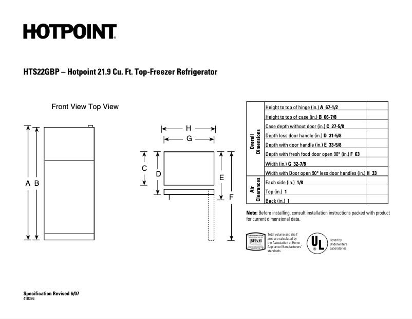 Page 1 de la notice Fiche technique Hotpoint HTS22GBPCC