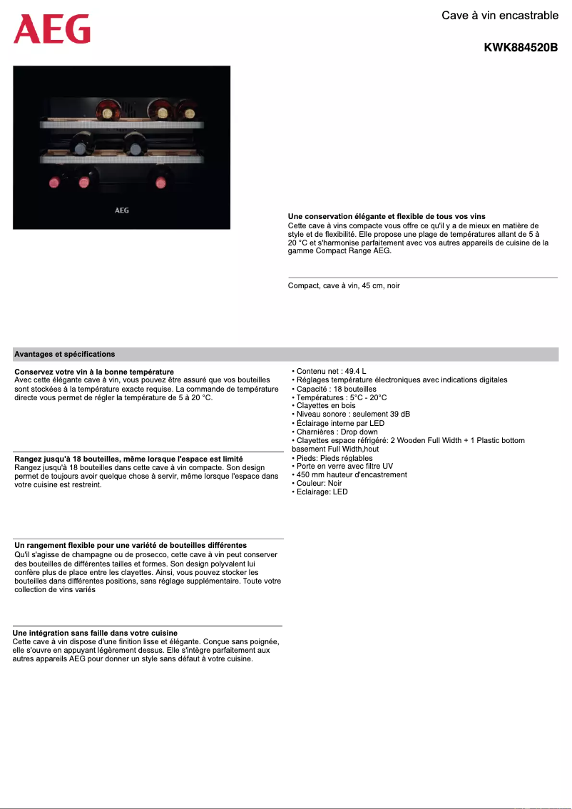 Page 1 de la notice Fiche technique AEG KWK884520B
