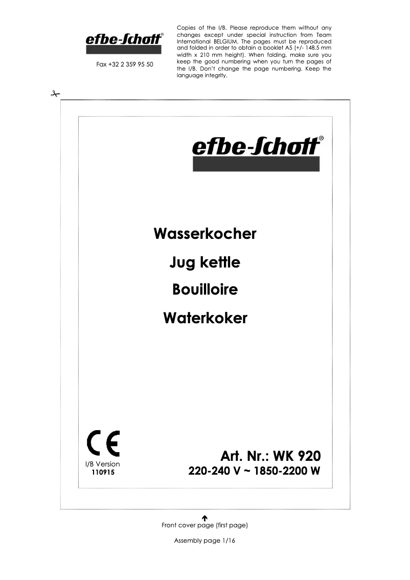 Page n°1 - Manuel utilisateur Efbe-Schott WK 920