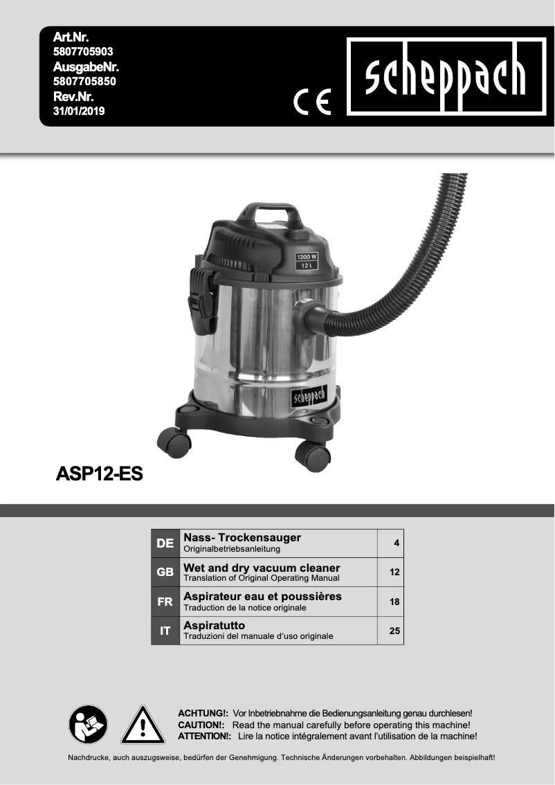 Page 1 de la notice Manuel utilisateur Scheppach ASP12ES