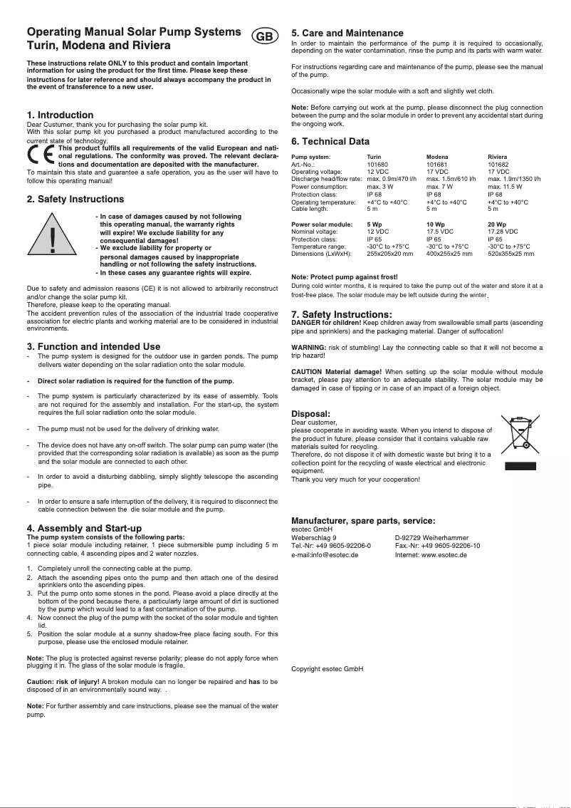 Page 1 de la notice Manuel utilisateur Esotec Turin