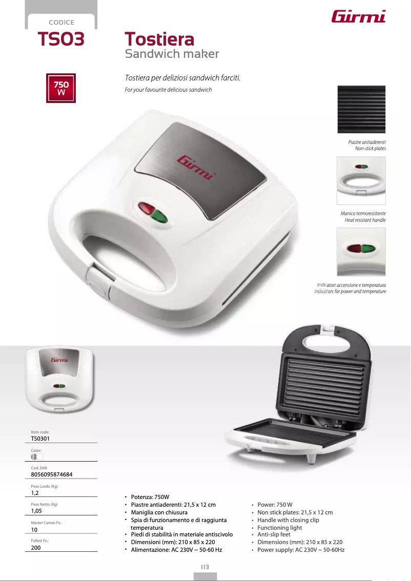 Page 1 de la notice Fiche technique Girmi TS03