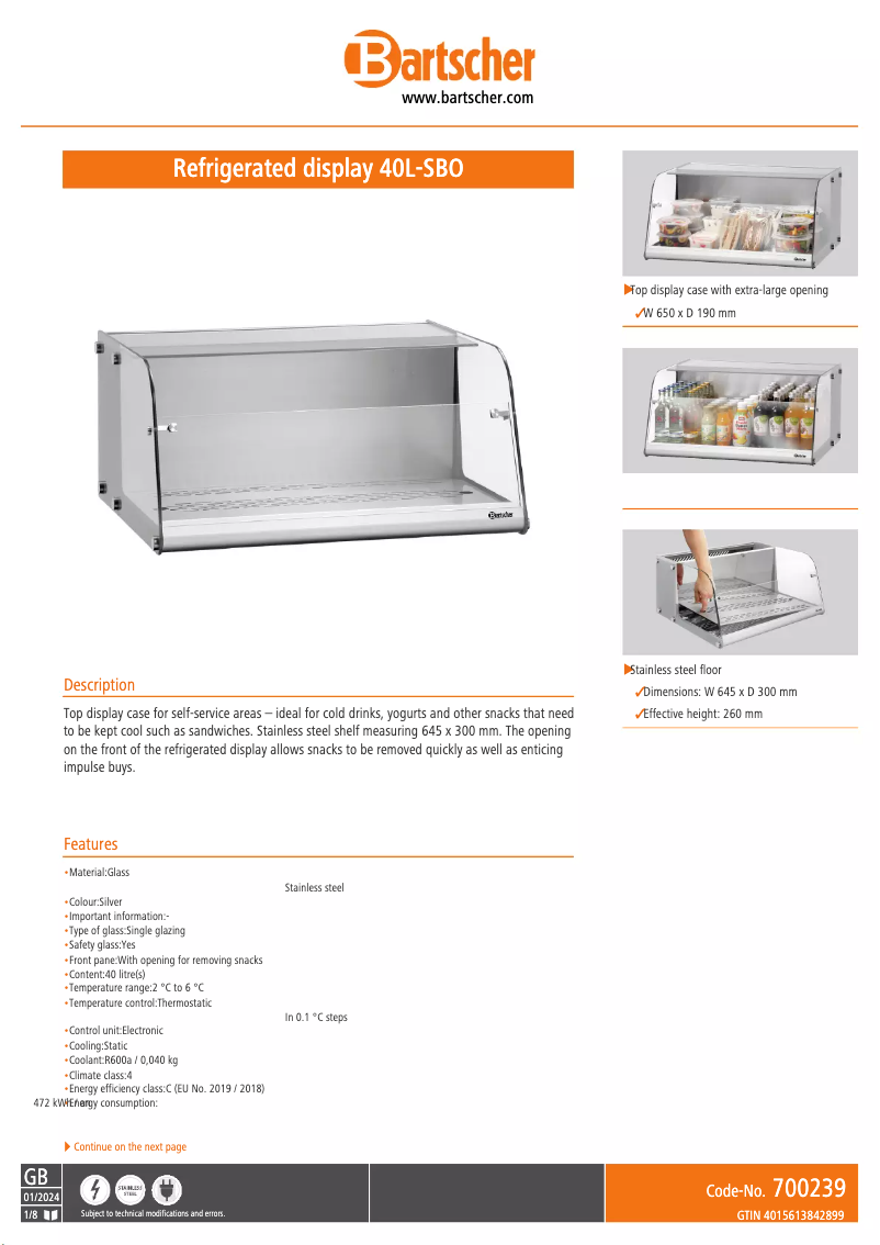 Page n°1 - Fiche technique Bartscher 40L-SBO