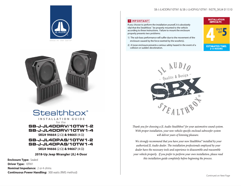 Page 1 de la notice Manuel utilisateur JL Audio Stealthbox SB-J-JL4DPAS/10TW1-2