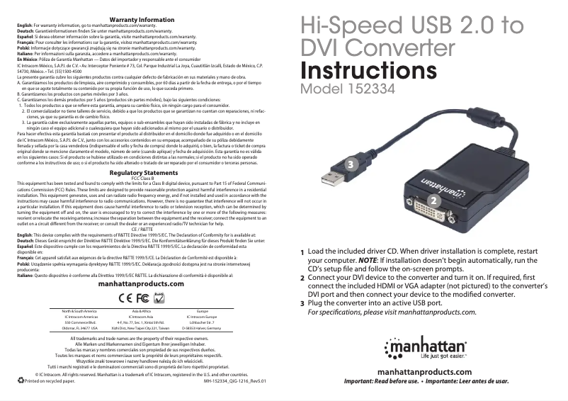 Page 1 de la notice Manuel utilisateur Manhattan 152334