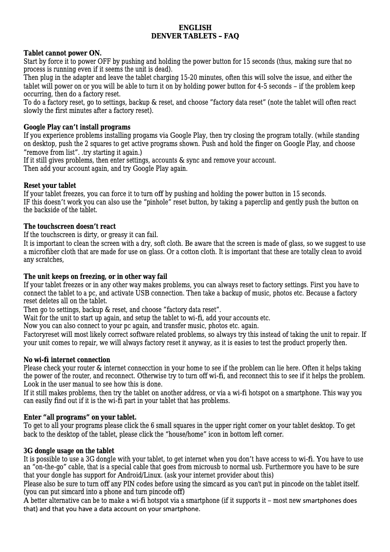 Page 1 de la notice Manuel utilisateur Denver TAQ-80062