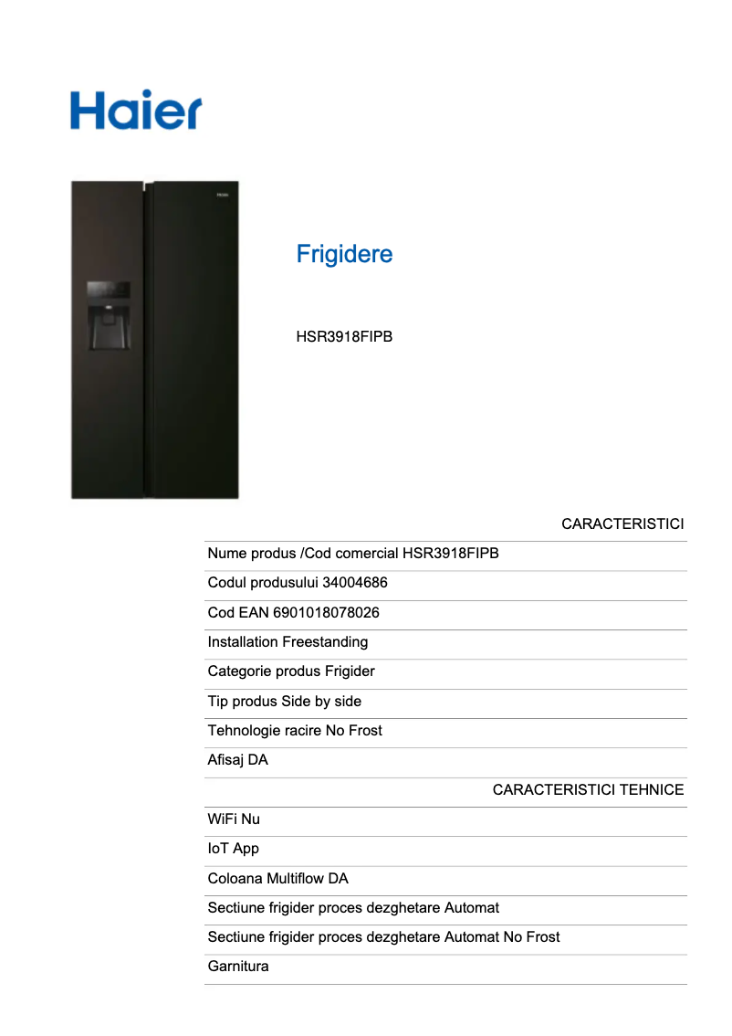 Page n°1 - Fiche technique Haier HSR3918FIPB