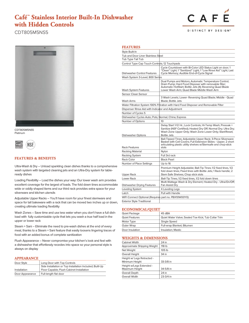 Page 1 de la notice Fiche technique GE CDT875M5NS5