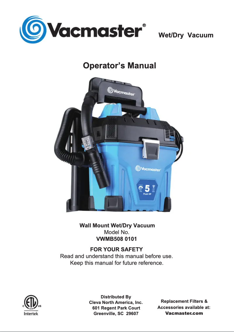 Page 1 de la notice Manuel utilisateur Vacmaster VWMB508 0101