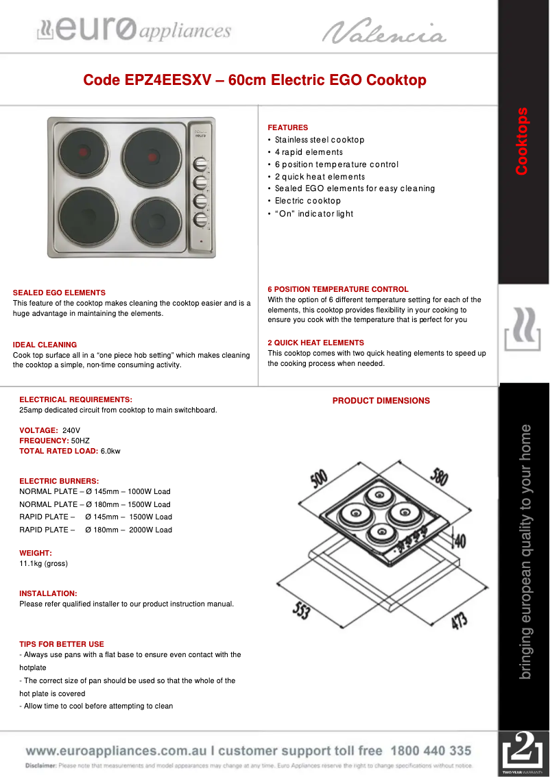 Page 1 de la notice Fiche technique Euro Appliances EPZ4EESXV