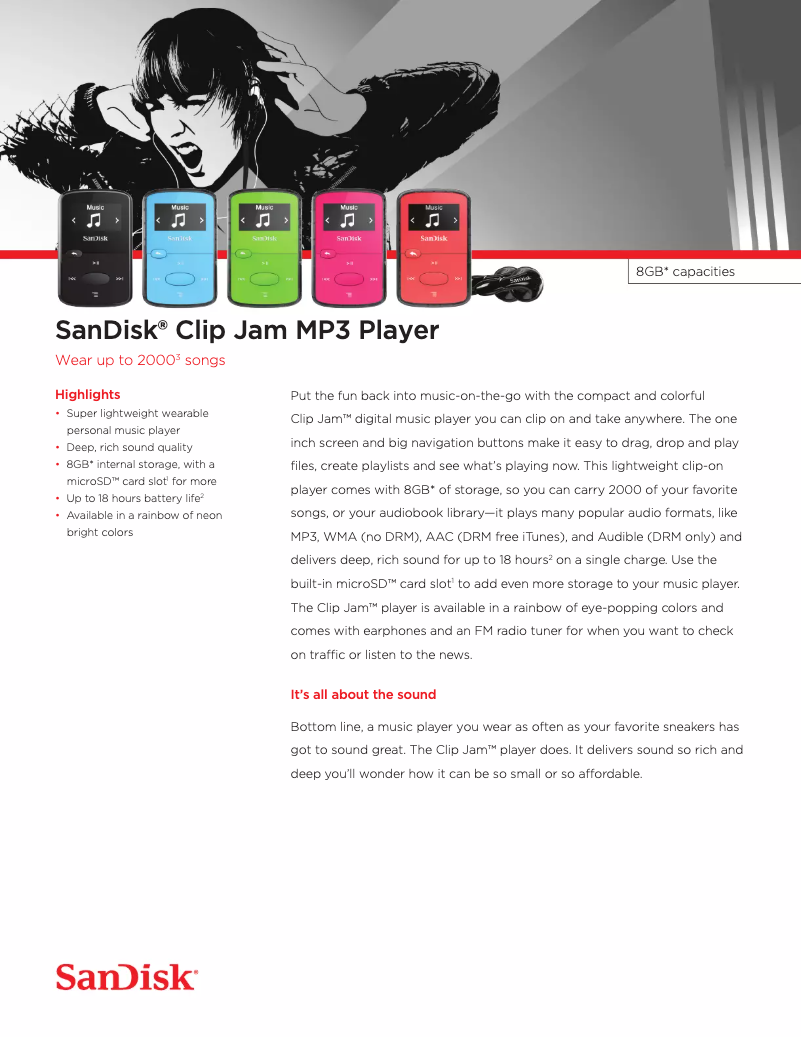 Page 1 de la notice Fiche technique Sandisk Clip Jam