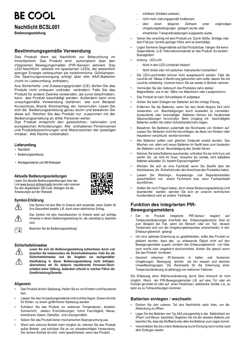 Page 1 de la notice Manuel utilisateur Be Cool BCSL001