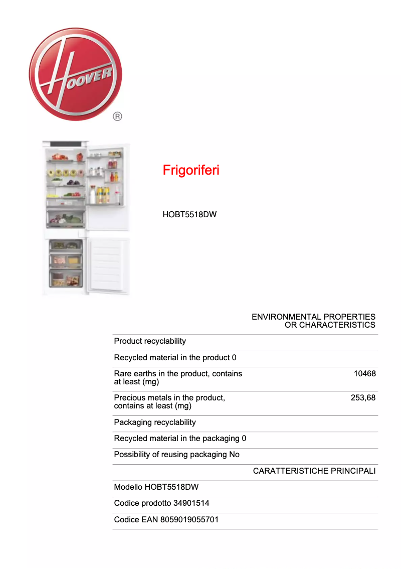 Page 1 of the manual Technical Sheet Hoover HOBT5518DW