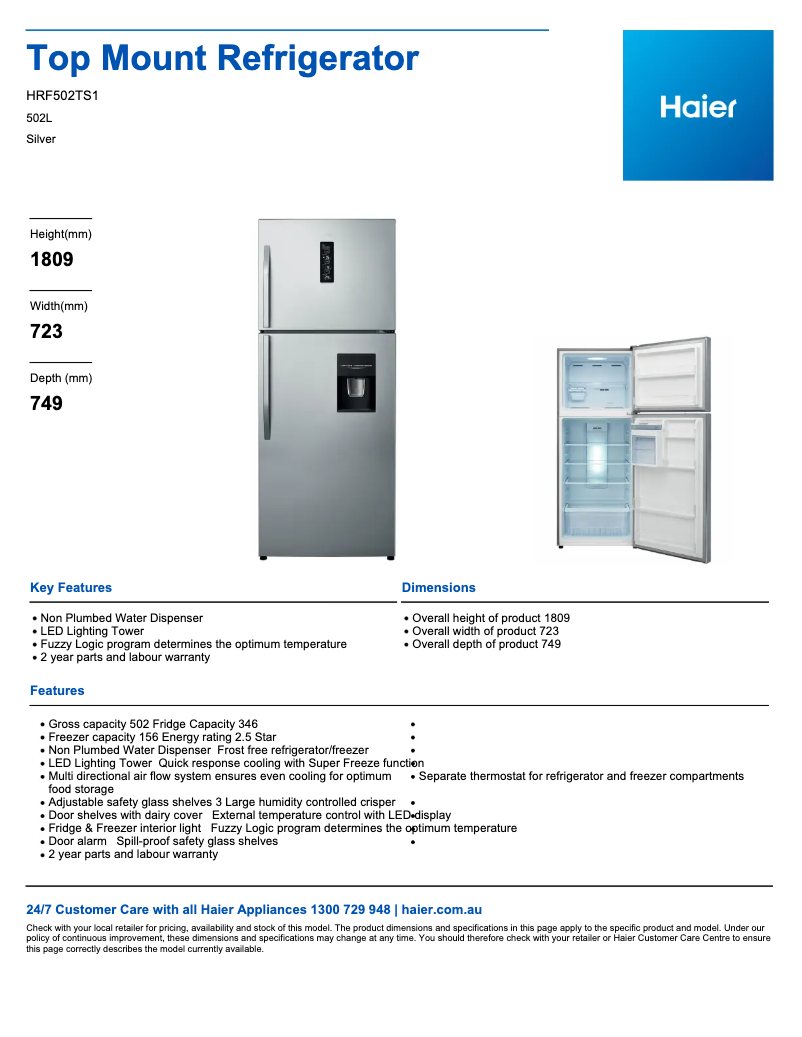 Page 1 de la notice Fiche technique Haier HRF502TS1