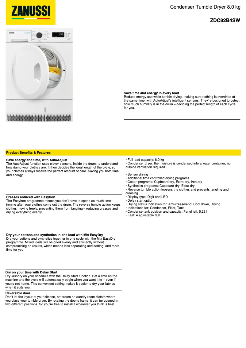 Page 1 de la notice Fiche technique Zanussi ZDC82B4SW