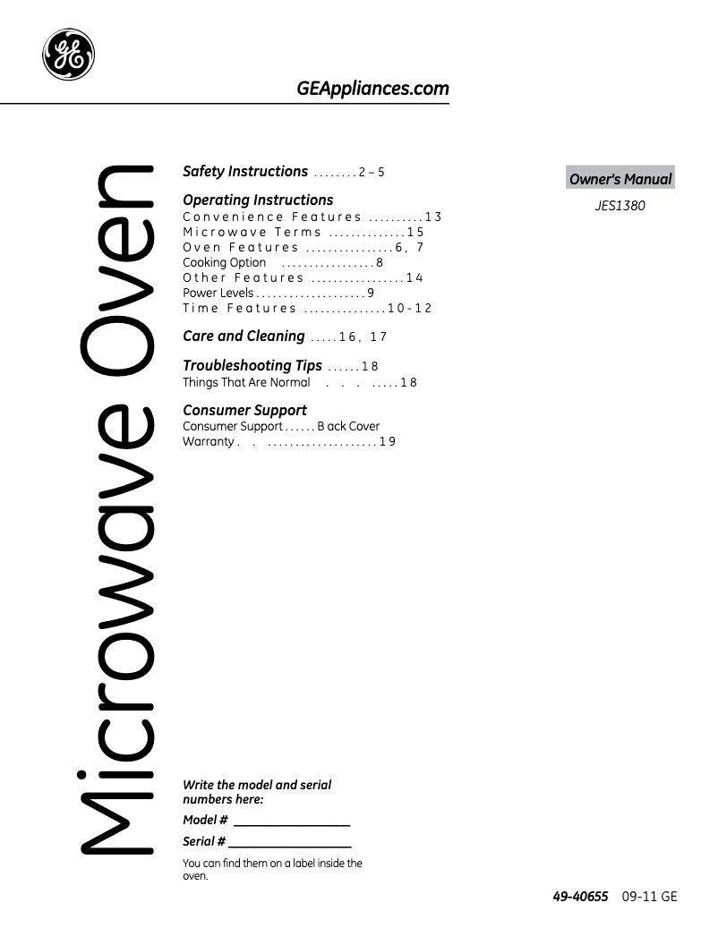 Página 1 del manual Manual de uso y mantenimiento GE JES1380DRBB