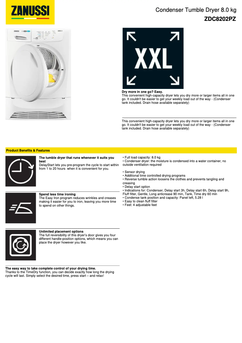 Page 1 de la notice Fiche technique Zanussi ZDC8202PZ