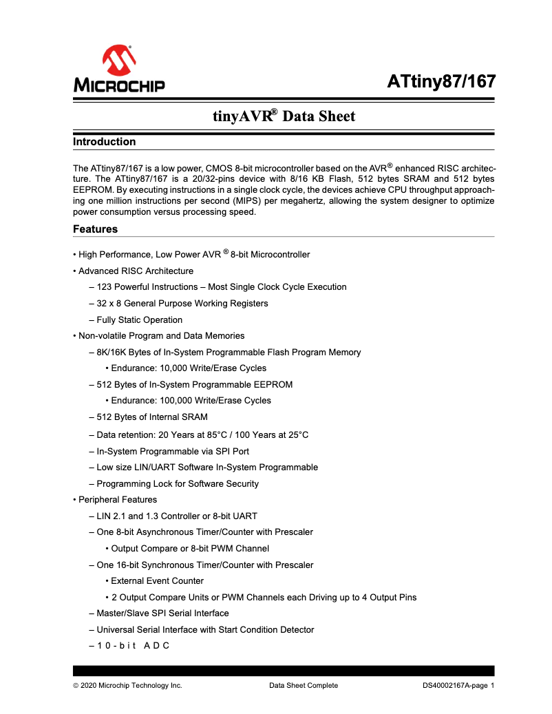 Page 1 de la notice Fiche technique Microchip ATTINY87