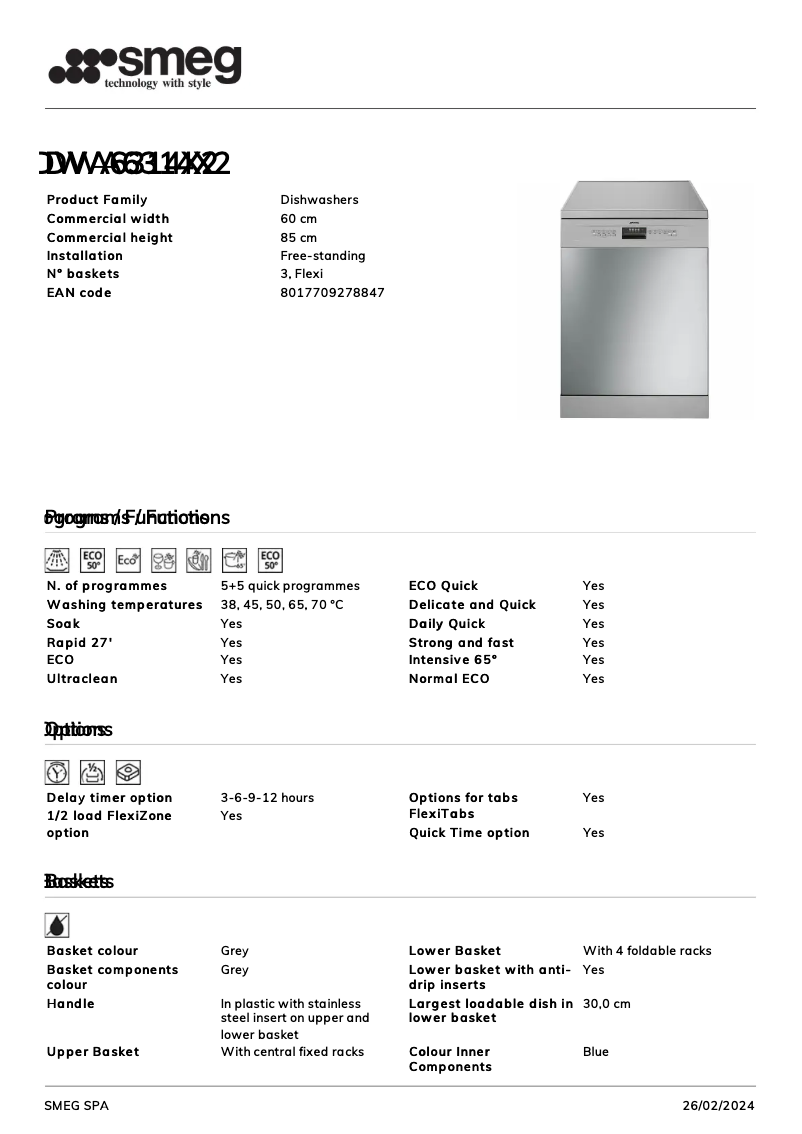 Page n°1 - Fiche technique Smeg DWA6314X2