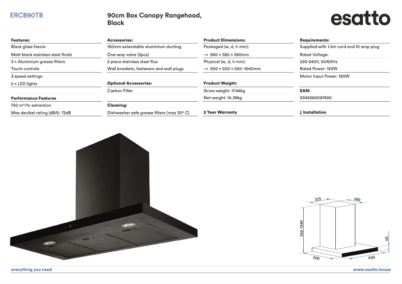 Page n°1 - Fiche technique Esatto ERCB90TB