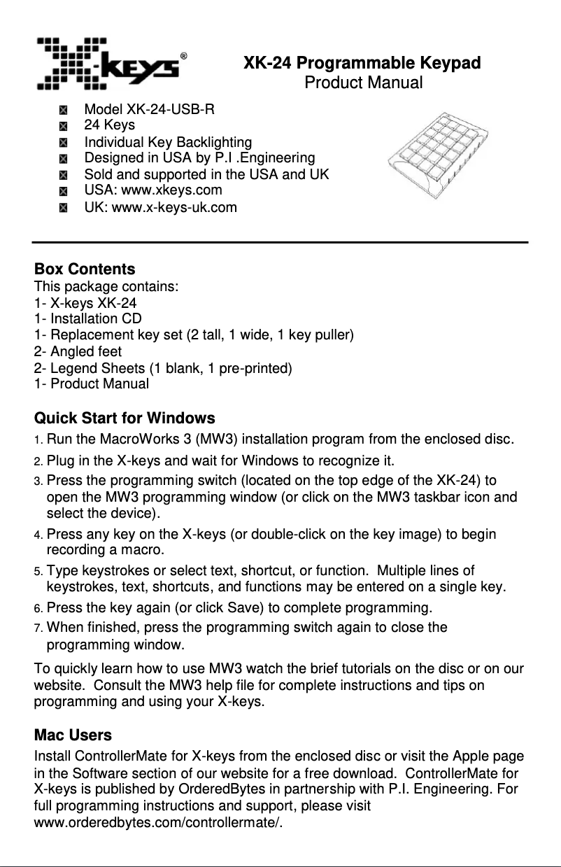 Page 1 de la notice Manuel utilisateur X-keys XK-24