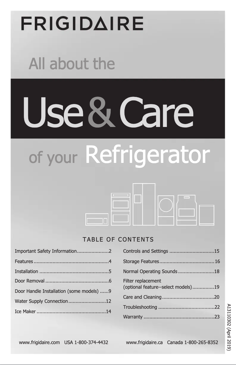 Page n°1 - Manuel d'utilisation et d'entretien Frigidaire FFTR2045VW