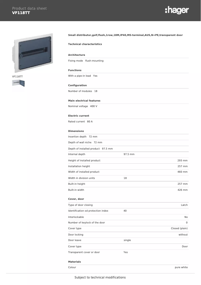 Page n°1 - Fiche technique Hager VF118TT