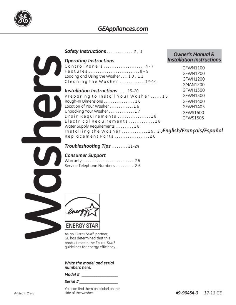 Page 1 de la notice Manuel d'utilisation et d'entretien GE GFWH1200DWW