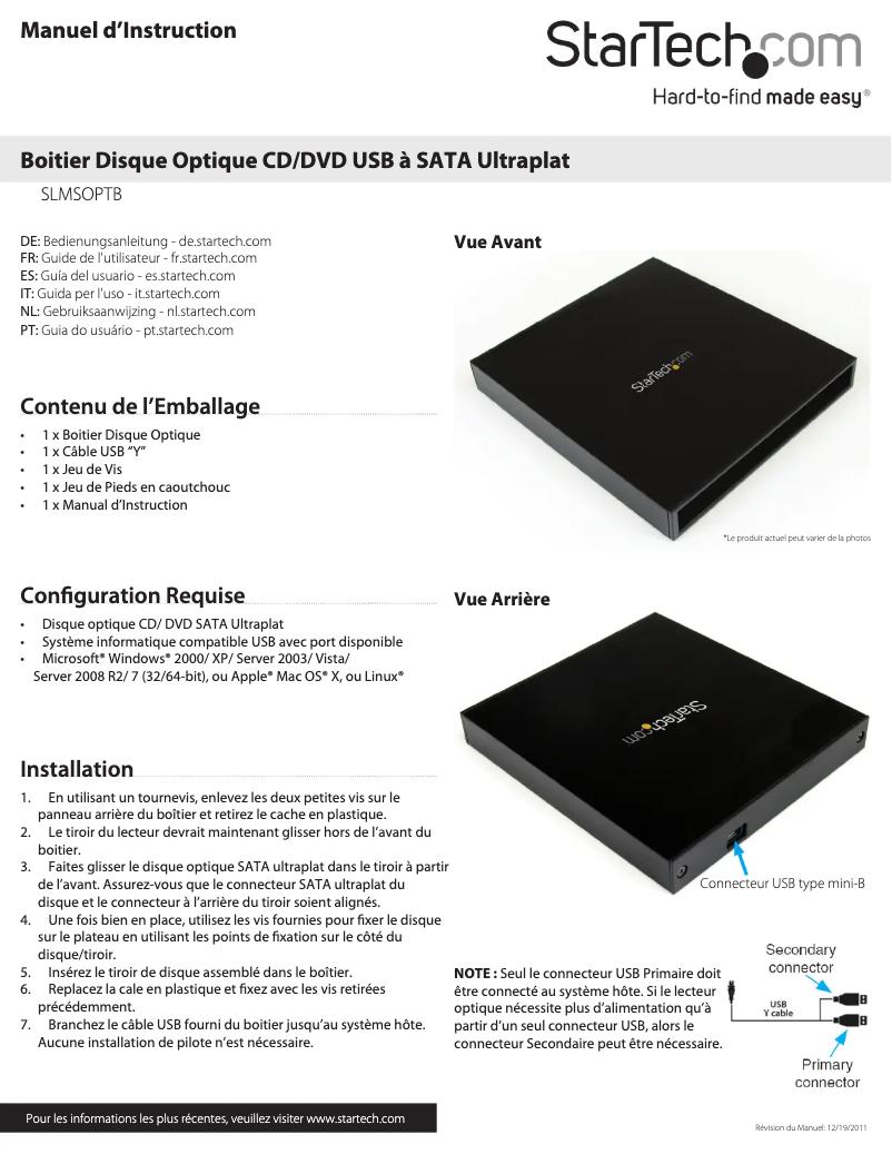 Page 1 de la notice Manuel utilisateur StarTech.com SLMSOPTB