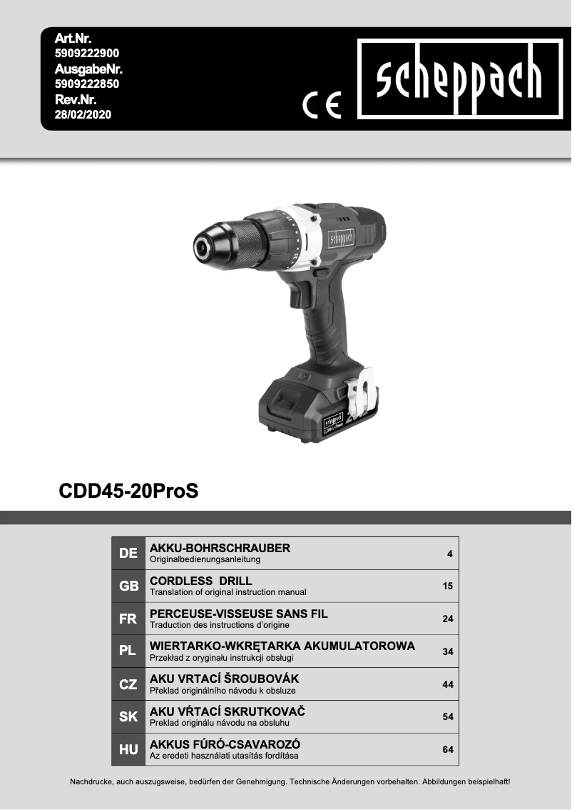 Page n°1 - Manuel utilisateur Scheppach CDD45-20ProS