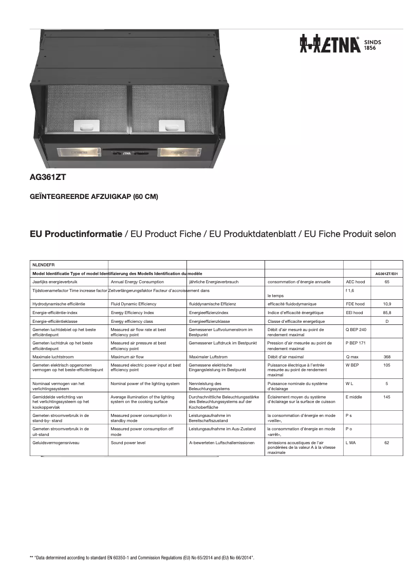 Page 1 de la notice Fiche technique Etna AG361ZT