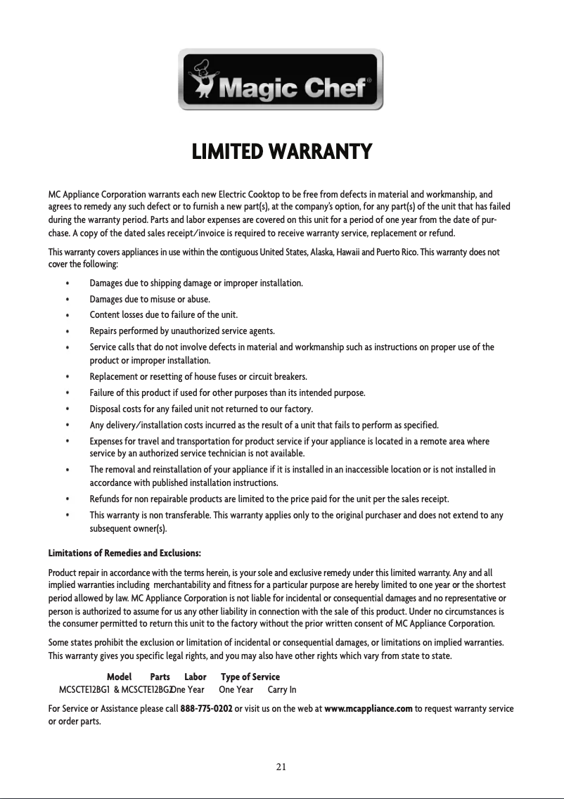 Page 1 de la notice Informations de garantie Magic Chef MCSCTE12BG1