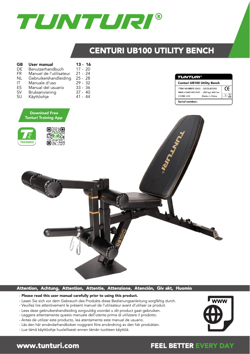 Página 1 del manual Manual de usuario Tunturi Centuri UB100 Utility Bench