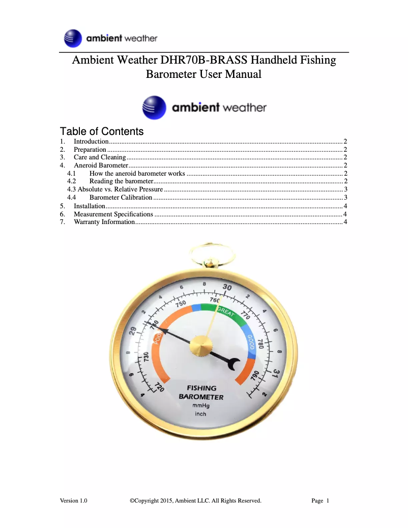 Page n°1 - Manuel utilisateur Ambient Weather DHR70B-BRASS