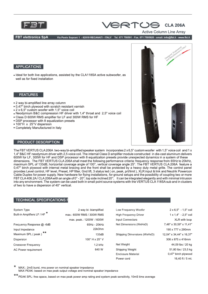 Page n°1 - Fiche technique FBT Vertus CLA 206 A