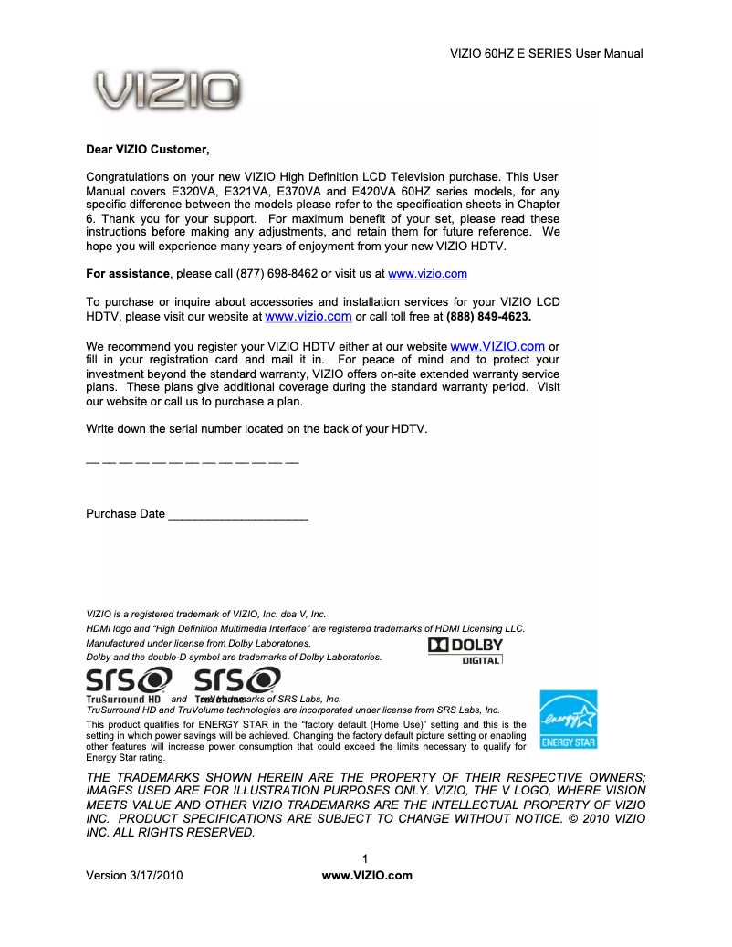 Page n°1 - Manuel utilisateur VIZIO E370VA
