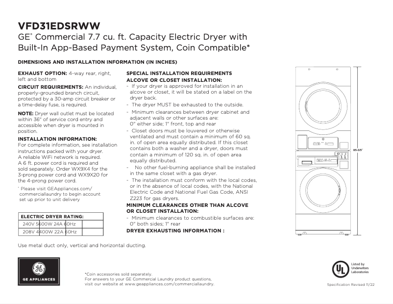 Page 1 de la notice Fiche technique GE VFD31EDSRWW