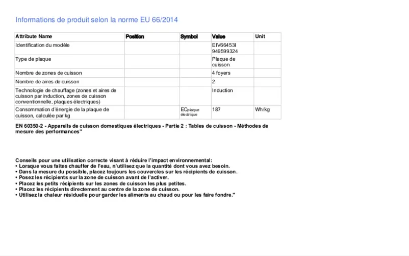 Page 1 de la notice Fiche technique Electrolux EIV66453I