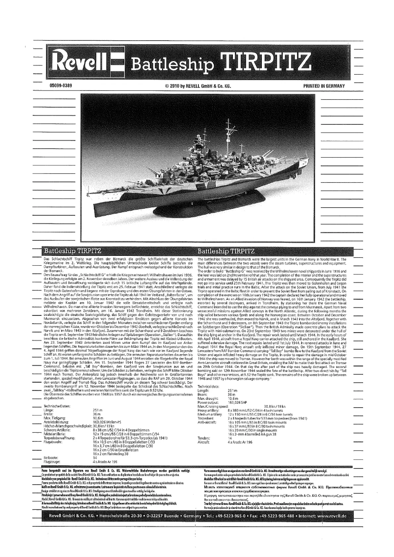 Page 1 de la notice Manuel utilisateur Revell Tirpitz