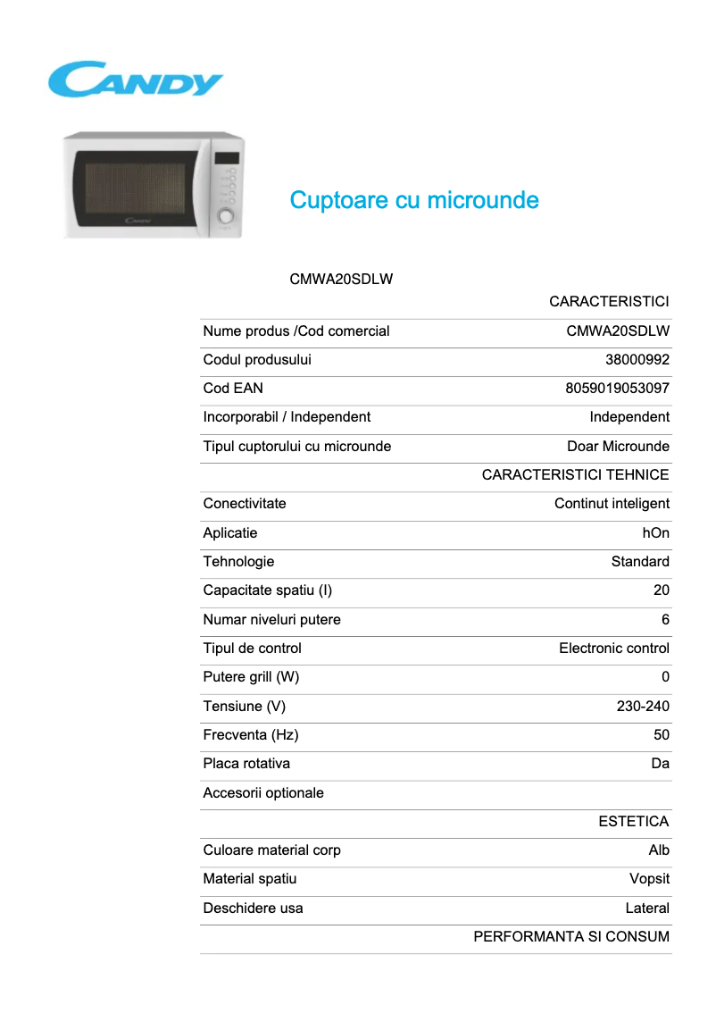 Page 1 de la notice Fiche technique Candy CMWA20SDLW