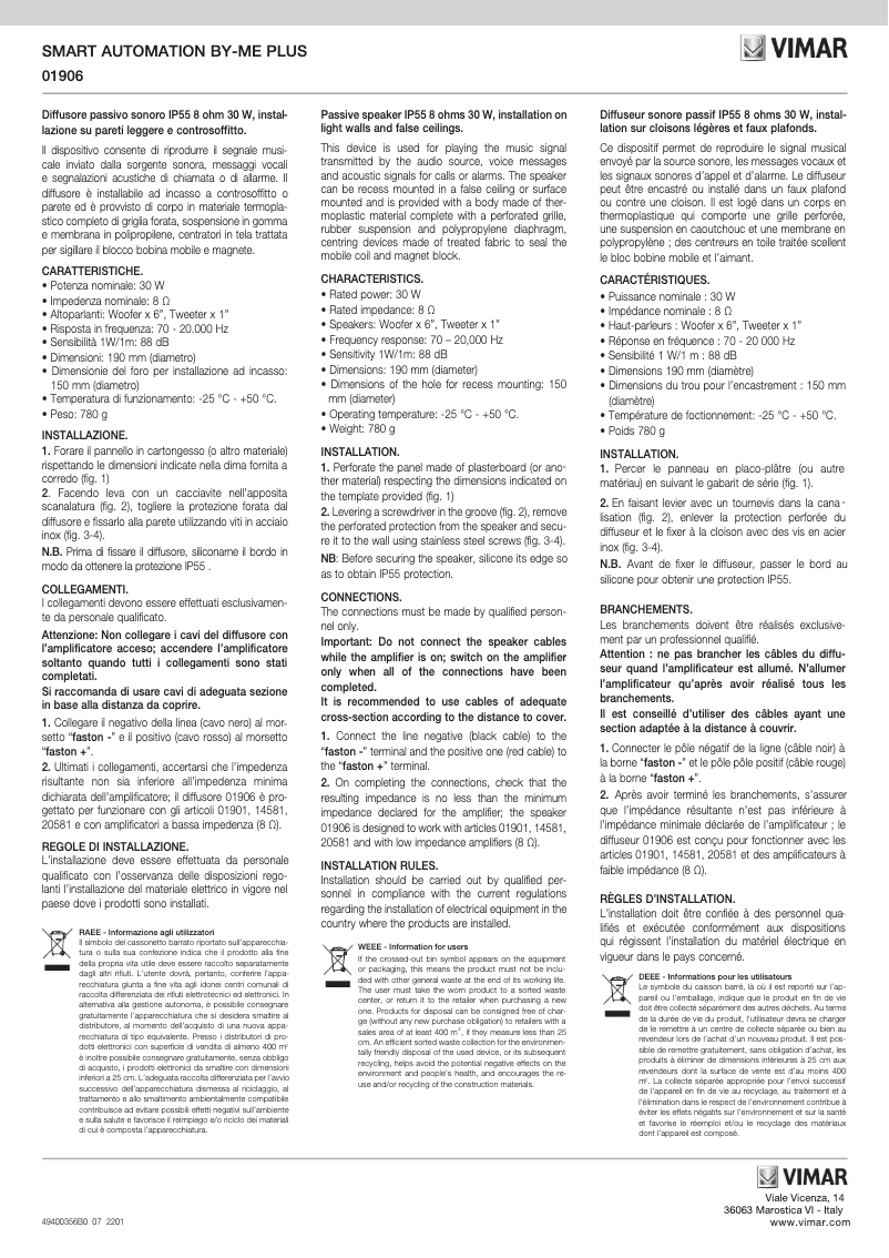 Page n°1 - Manuel utilisateur Vimar 01906